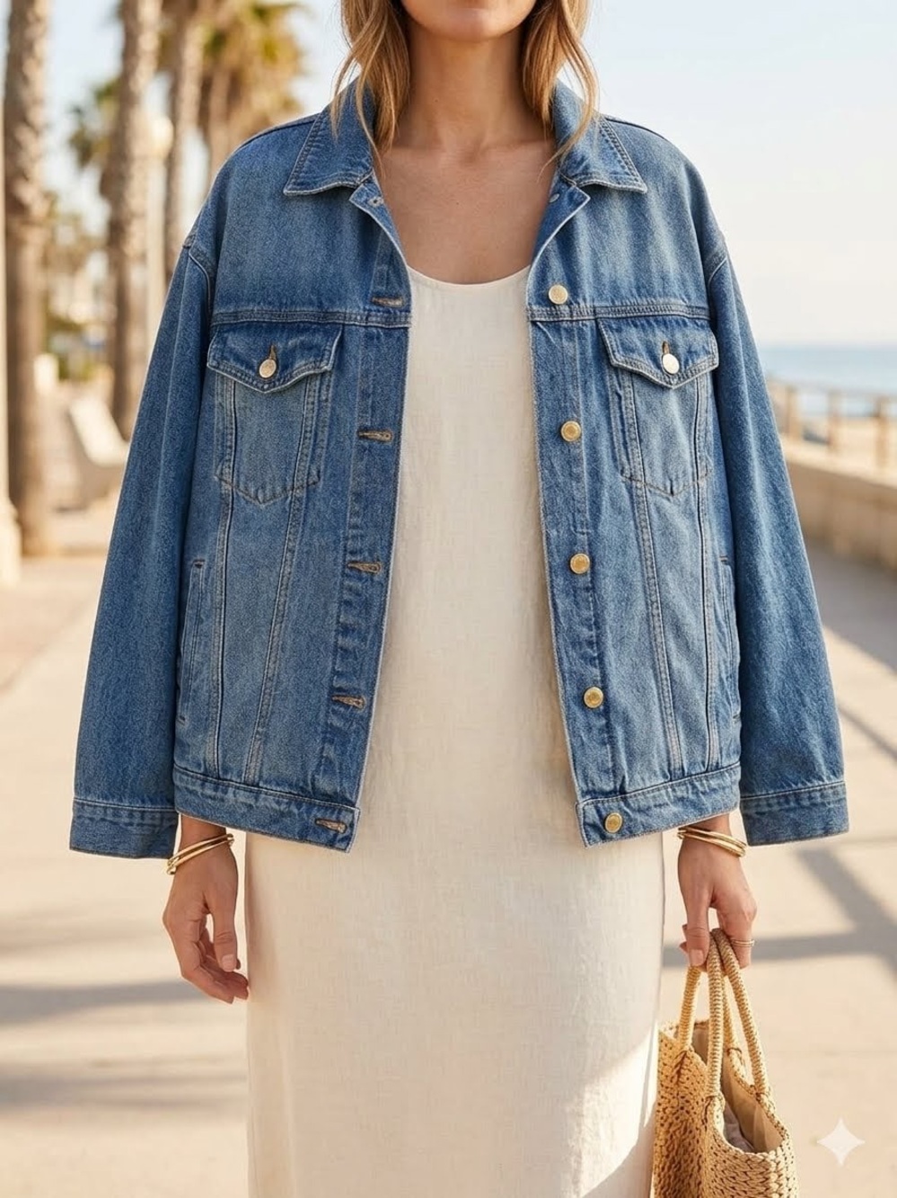 Farm Rio Denim Trucker Jacket Gold Logo Buttons XL Slouchy Oversized Boyfriend